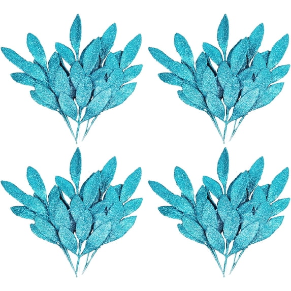 NAMZI 24 Pcs Teal Christmas Decor, Fake Gold Leaf Magnolia Leaves Glitter Stems Tree