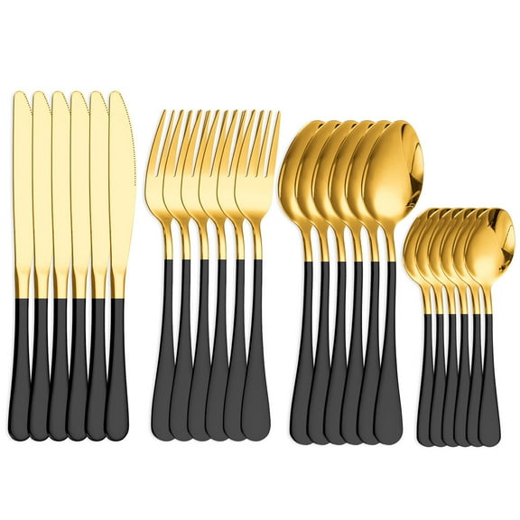 NAMZI 24 Piece Stainless Steel Silverware Set for 6, Complete Flatware & Cutlery Tableware, Essential Kitchen Utensils for Home Dinners,Gold Black