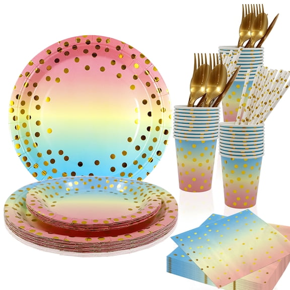 NAMZI 270PCS Colour Party Supplies, Serves 20 Disposable Party Dinnerware Set, Gold Plastic Forks/Knives/Spoons, Golden Dot Paper Plates, Napkins & Cups for Graduation, Birthday & Wedding