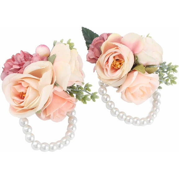 NAMZI 2Pcs Wedding Rose Wrist Flower, Wedding Bridal Bridesmaid Wrist Corsage Artificial Rose Hand Flower Decor for Wedding Prom(Pink)