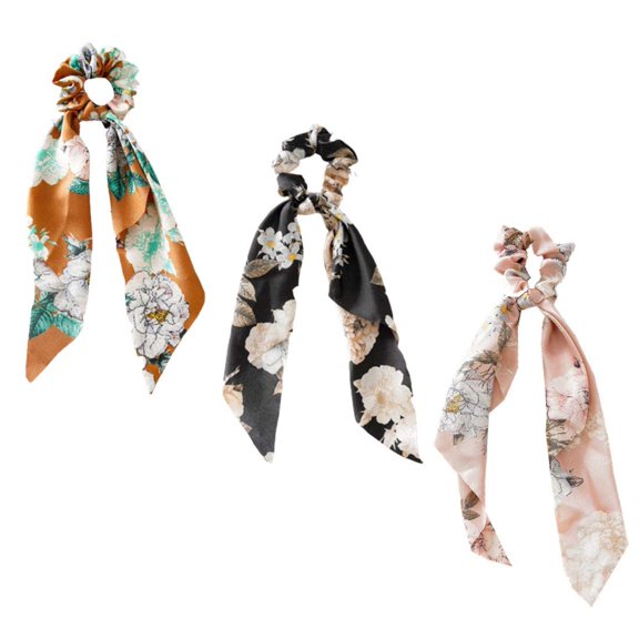 NAMZI 3 Packs Scarf Scrunchies, Polka Dot Daisy Flower Hair Scarf Scarves, Satin Silk Long Tails Scrunchy, Bowknot Hair Bands, Elastics Ponytail Holder, Donut Hair Ties for Women Girls (Style2)