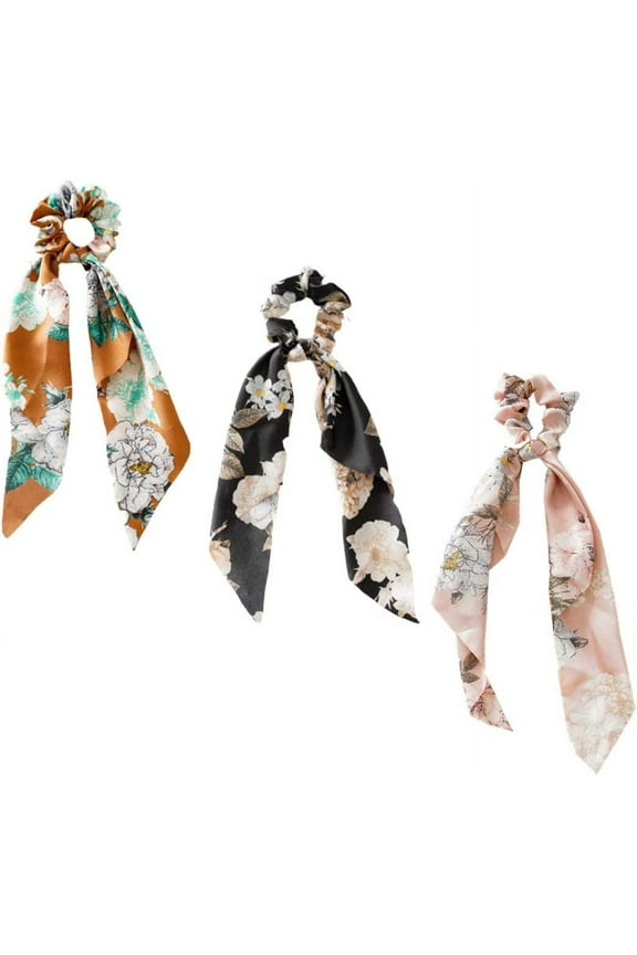 3 Packs Scarf Scrunchies, Polka Dot Daisy Flower Hair Scarf Scarves, Satin Silk Long Tails Scrunchy, Bowknot Hair Bands, Elastics Ponytail Holder, Donut Hair Ties for Women Girls (Style2)