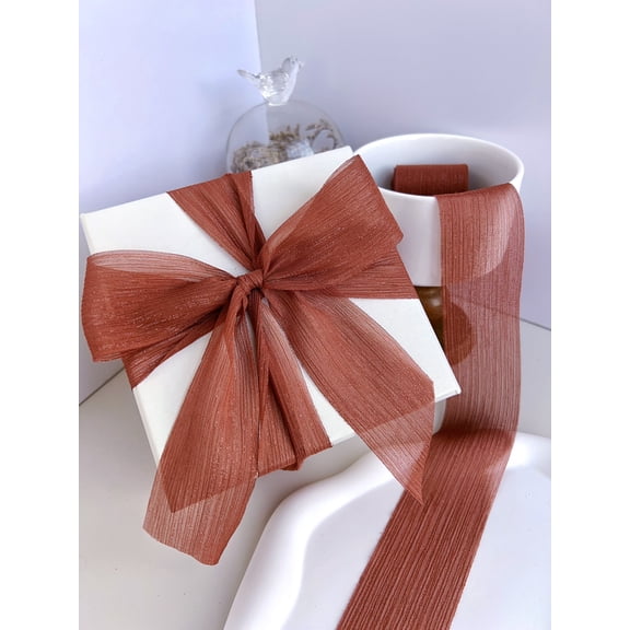 NAMZI 3 Rolls 1.5 Inch Chiffon Crinkle Silk Ribbon, Shining Handmade Fabric for Bow Decoration, Wedding Invitations & Crafts, Rust red