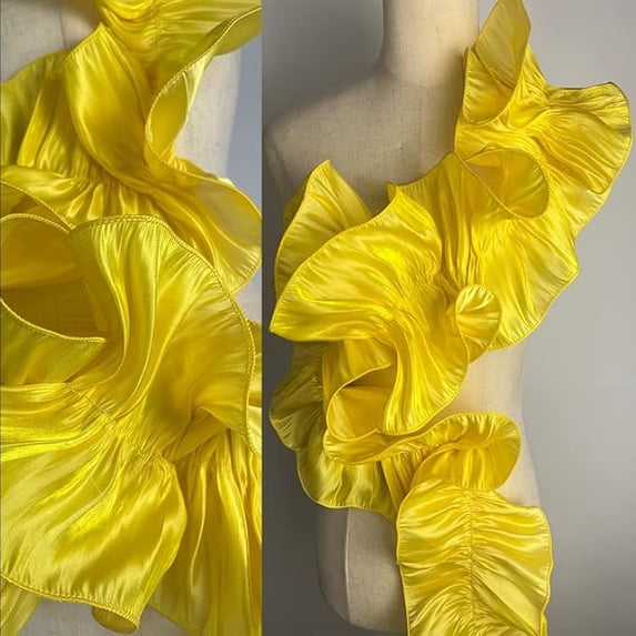 NAMZI 3 Yards Retro Double Ruffle Pleated Chiffon Trim, Soft Fabric Applique for Dress Decoration, Craft Sewing, Yellow