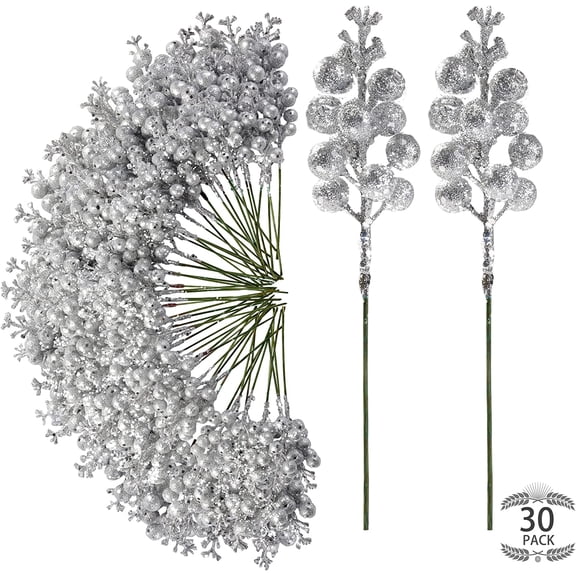 NAMZI 30Pcs Christmas Glitter Berries Stems Artificial Red Berry Branches Holly Picks Stems Christmas Tree Ornaments for DIY Xmas Wreath Crafts Gifts Holiday Home Decor (Silver)