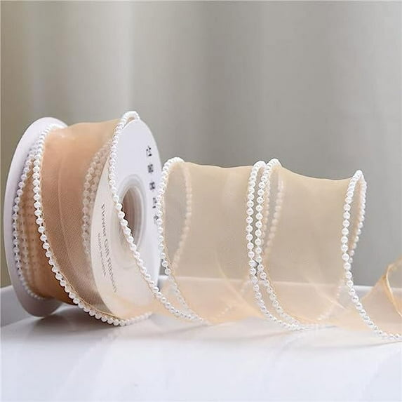 NAMZI 40mm Width Pearl Edge Silk Organza Ribbon Lace Material Ribbon for Hair Ornament Sewing Fabric Clothing Decor Handmade Supplies (Color : Tea, Size : Length 4.5m)