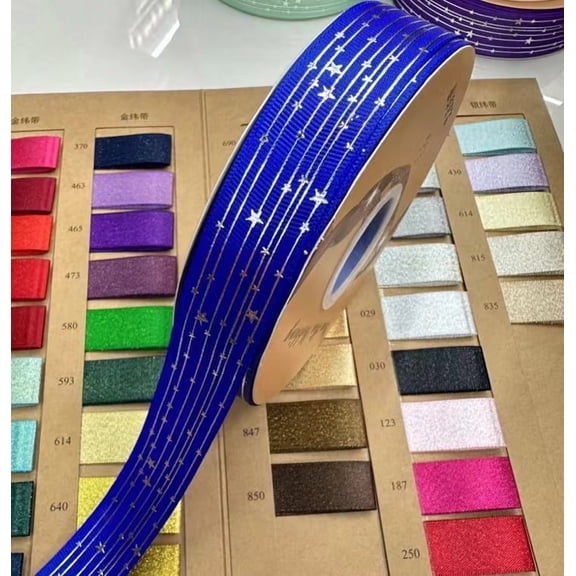 NAMZI 48 Yards 1" Wide Star Satin Ribbon (1 Roll), Silver Foil Printed Decorative Ribbon Perfect for Crafts, Party & Wedding Decor, Dark Blue