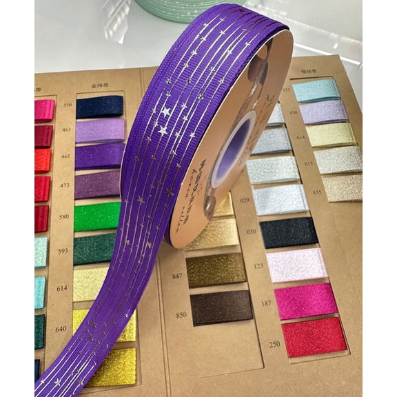 NAMZI 48 Yards 1" Wide Star Satin Ribbon (1 Roll), Silver Foil Printed Decorative Ribbon Perfect for Crafts, Party & Wedding Decor, Dark Purple