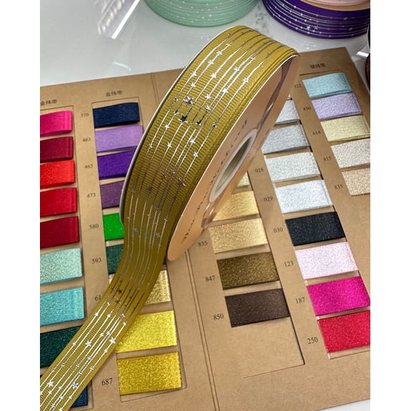 NAMZI 48 Yards 1" Wide Star Satin Ribbon (1 Roll), Silver Foil Printed Decorative Ribbon Perfect for Crafts, Party & Wedding Decor, Golden