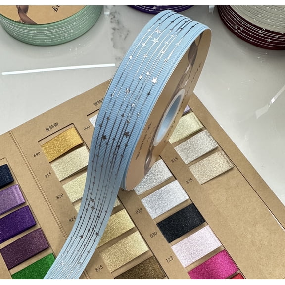 NAMZI 48 Yards 1" Wide Star Satin Ribbon (1 Roll), Silver Foil Printed Decorative Ribbon Perfect for Crafts, Party & Wedding Decor, Light Blue