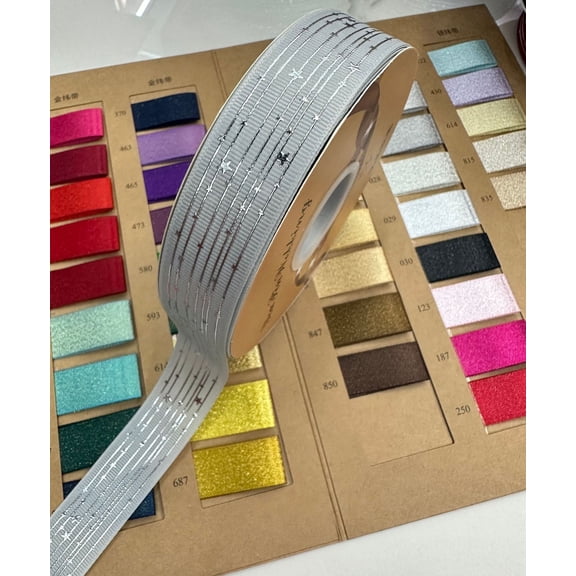 NAMZI 48 Yards 1" Wide Star Satin Ribbon (1 Roll), Silver Foil Printed Decorative Ribbon Perfect for Crafts, Party & Wedding Decor, Light Grey