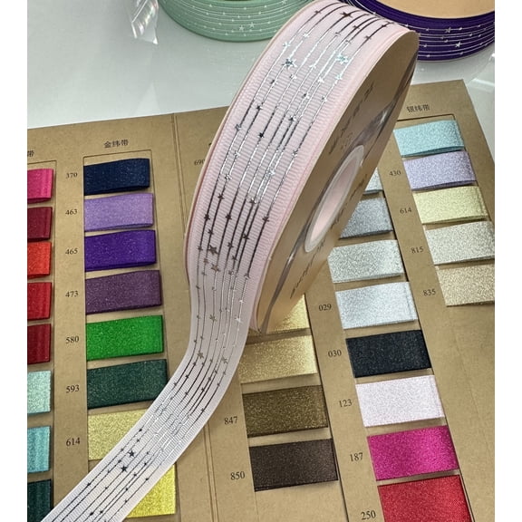 NAMZI 48 Yards 1" Wide Star Satin Ribbon (1 Roll), Silver Foil Printed Decorative Ribbon Perfect for Crafts, Party & Wedding Decor, Light Pink