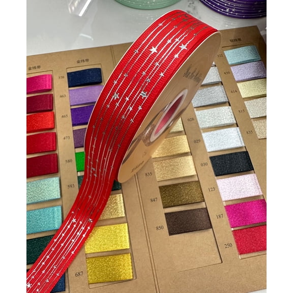 NAMZI 48 Yards 1" Wide Star Satin Ribbon (1 Roll), Silver Foil Printed Decorative Ribbon Perfect for Crafts, Party & Wedding Decor, Red