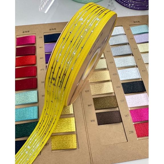 NAMZI 48 Yards 1" Wide Star Satin Ribbon (1 Roll), Silver Foil Printed Decorative Ribbon Perfect for Crafts, Party & Wedding Decor, Yellow