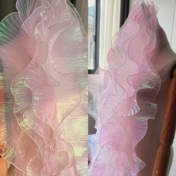 NAMZI 5 Yards Retro Ruffle Pleated Chiffon & Tulle Trim, Fabric Applique for Dress & Bag Decoration, Craft Sewing, Pink