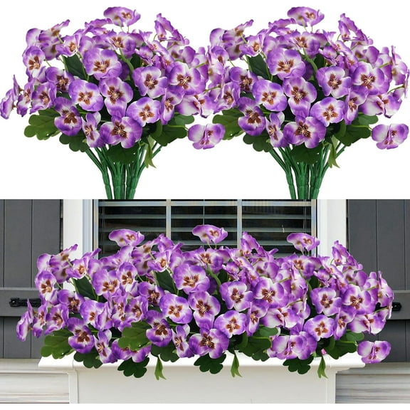 NAMZI 6 Bundles Artificial Flowers Pansy, 13in Outdoor UV Resistant Fake Small Wild Flower Daisy No Fade Faux Plastic Violets Plants for Home Wedding Table Centerpieces Garden Porch Decor-Purple white