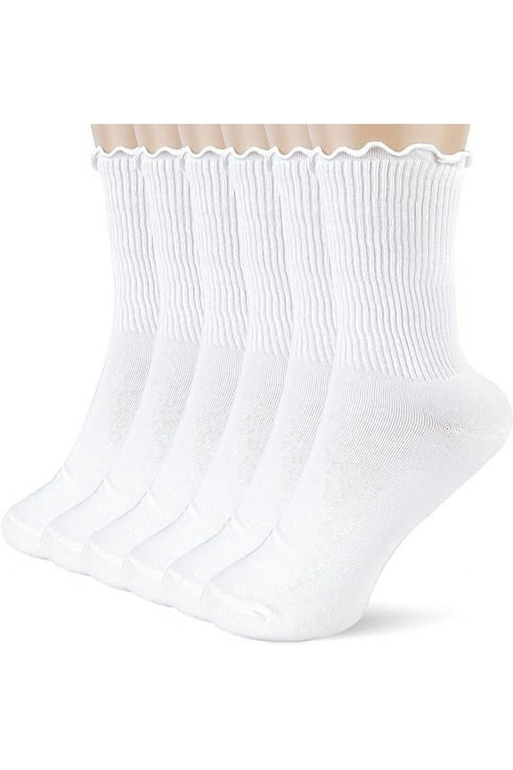 6pcs Womens Cotton Socks - Ruffle Turn Cuff Sock - Casual Crew Frilly SockWhite