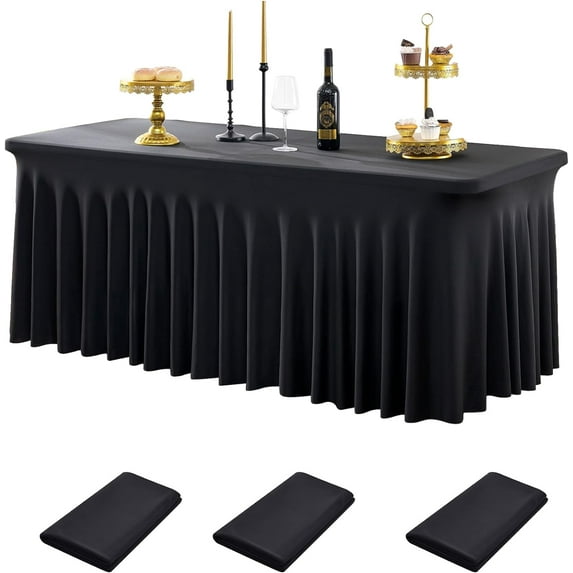 NAMZI 8ft Spandex Table Cloth for Standard Folding Tables-3Pack Black Table Cloth Table Protector for Party, Wedding, Cocktail, Banquet, Festival