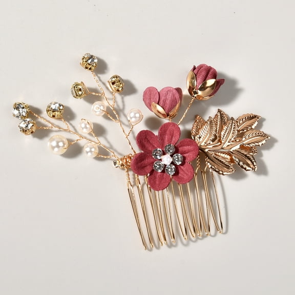 NAMZI Bridal Flower Wedding Hair Pins Crystal Pearl Hair Combs Clips Headpiece Gold Wedding Hair Accessories Jewelry with Rhinestone for Brides Bridesmaids Women Girls (Red)