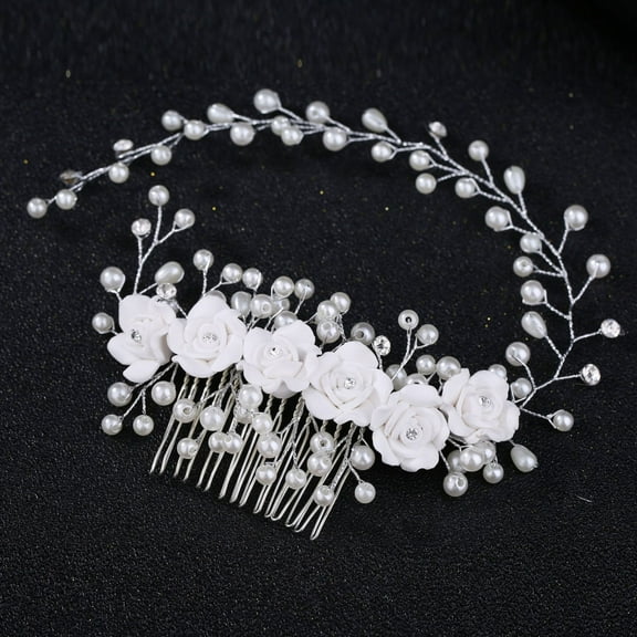 NAMZI Bridal Flower Wedding Hair Pins Crystal Pearl Hair Combs Clips Headpiece Gold Wedding Hair Accessories Jewelry with Rhinestone for Brides Bridesmaids Women Girls (White)