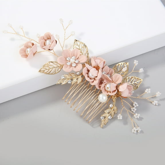 NAMZI Bridal Flower Wedding Hair Pins Crystal Pearl Hair Combs Clips Headpiece Gold Wedding Hair Accessories Jewelry with Rhinestone for Brides Bridesmaids Women Girls (Pink)