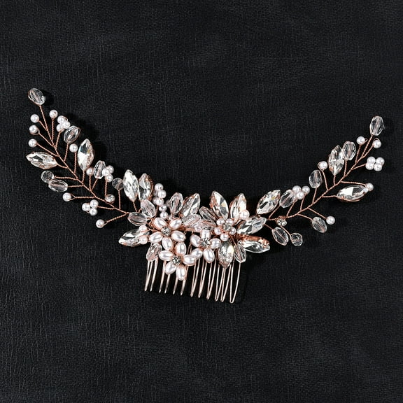 NAMZI Bridal Flower Wedding Hair Pins Crystal Pearl Hair Combs Clips Headpiece Gold Wedding Hair Accessories Jewelry with Rhinestone for Brides Bridesmaids Women Girls (Rose gold)