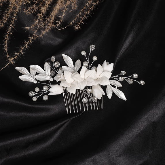 NAMZI Bridal Flower Wedding Hair Pins Crystal Pearl Hair Combs Clips Headpiece Gold Wedding Hair Accessories Jewelry with Rhinestone for Brides Bridesmaids Women Girls (Silvery)