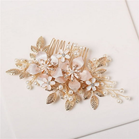 NAMZI Bridal Flower Wedding Hair Pins Crystal Pearl Hair Combs Clips Headpiece Gold Wedding Hair Accessories Jewelry with Rhinestone for Brides Bridesmaids Women Girls (Gold B)
