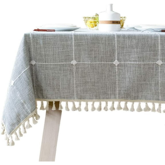 Namzi Cotton Linen Square Tablecloth Tassel Plaid Table Cloth for Dining Kitchen Room Tabletop Decoration, 52" x 52"