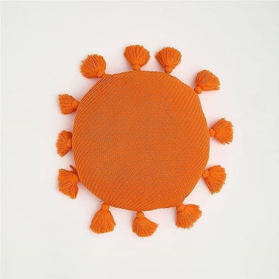 NAMZI Decorative Round Fringe Throw Pillow with Inserts Woven Textured Throw Pillows for Bedroom Living Room Sofa Couch Balcony (Orange, Diameter 16")