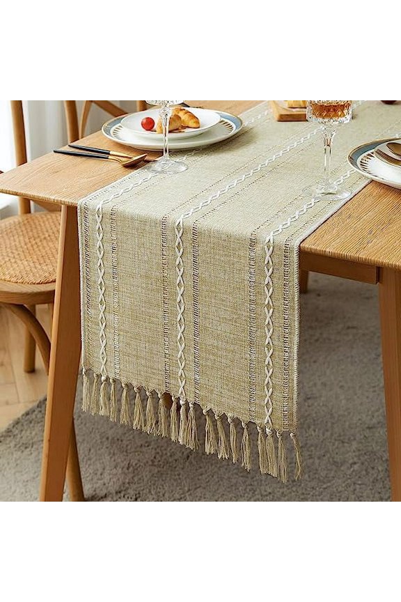 Farmhouse Table Runner, Rustic Table Runners 72 Inches Long, Linen Boho Table Runner, Braided Striped Fall Table Runner for Dining Party Holiday, 13x72 Inches, Hollow Almond Buff