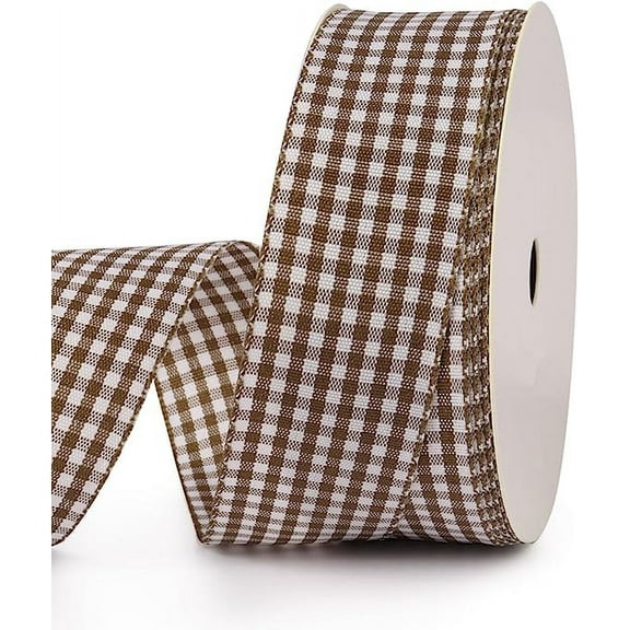 NAMZI Gingham Ribbon Checkered Ribbon 1-Inch Wide Taffeta Plaid Ribbon 25 Yard Long 100% Polyester Woven Edge (Coffee, 1 Inch)