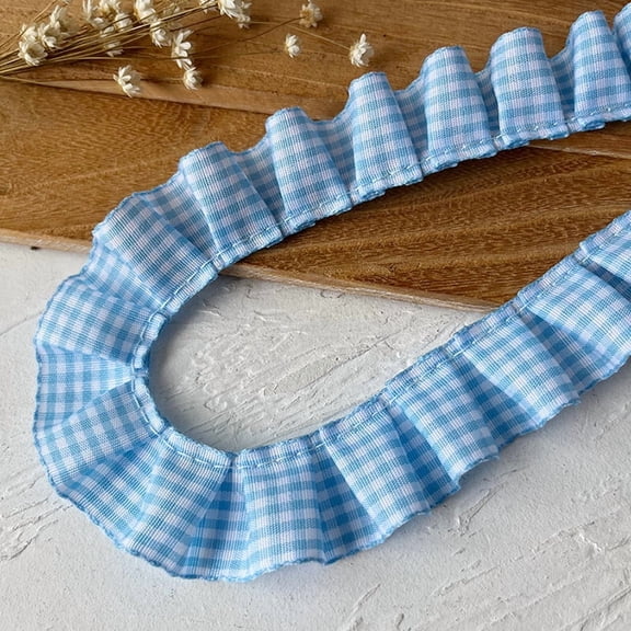 NAMZI Gingham Ruffle Pleated Trim 1" x5Meter Gathered Gingham Ribbon Fabric Edge Trimming for Home Decor Merch, Blue