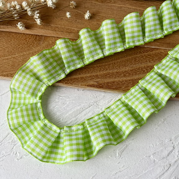 NAMZI Gingham Ruffle Pleated Trim 1" x5Meter Gathered Gingham Ribbon Fabric Edge Trimming for Home Decor Merch, Green