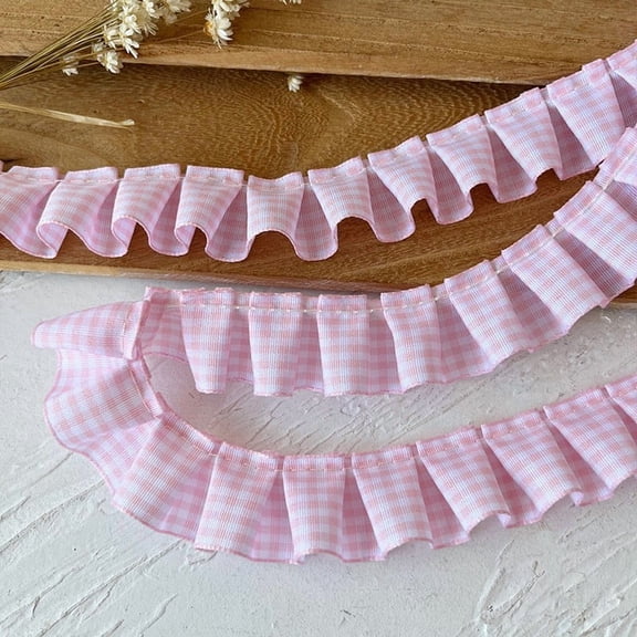 NAMZI Gingham Ruffle Pleated Trim 1" x5Meter Gathered Gingham Ribbon Fabric Edge Trimming for Home Decor Merch, Pink