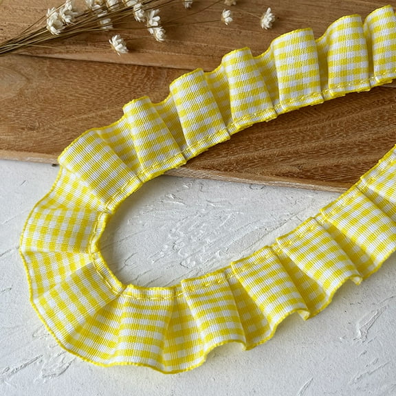 NAMZI Gingham Ruffle Pleated Trim 1" x5Meter Gathered Gingham Ribbon Fabric Edge Trimming for Home Decor Merch, Yellow