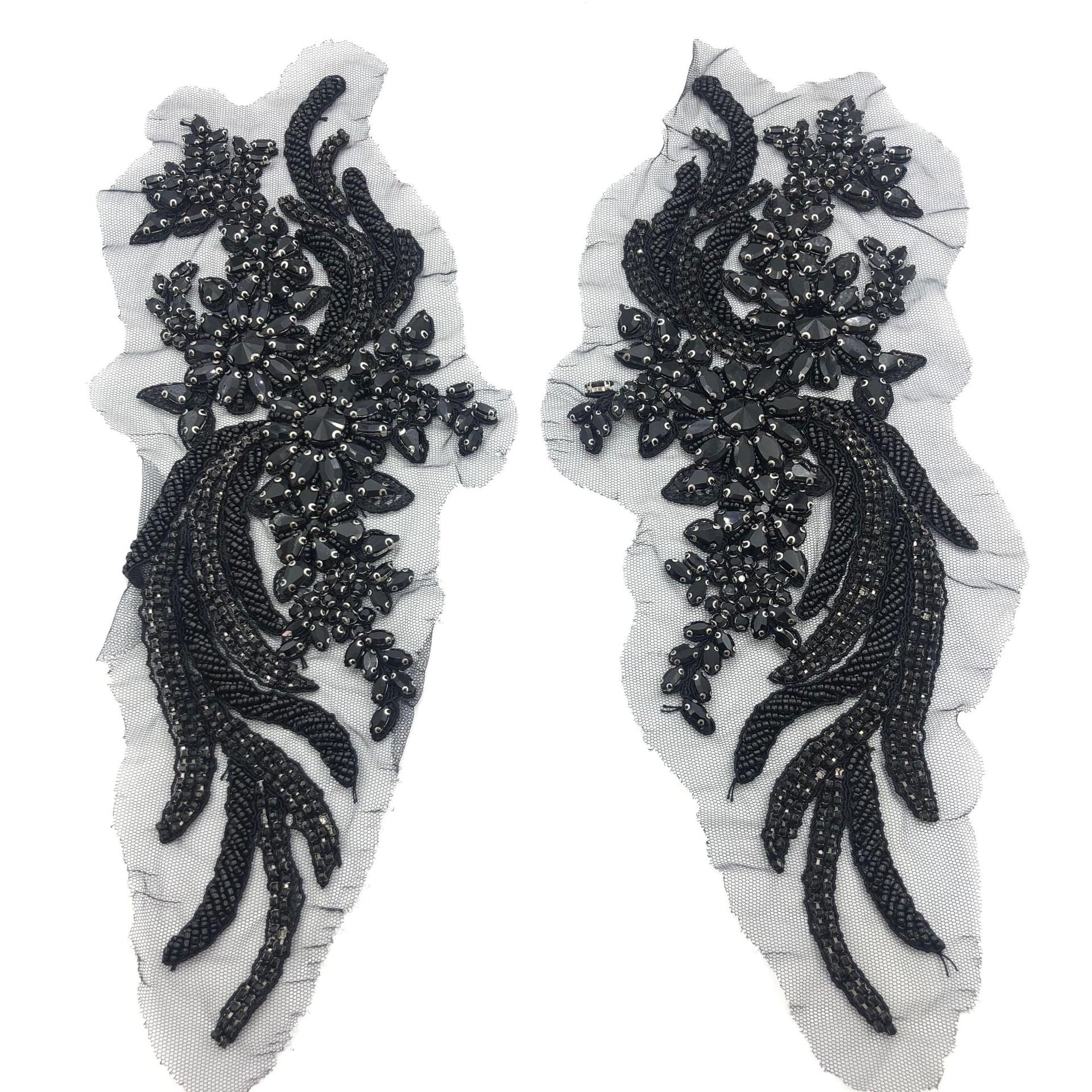 NAMZI Handmade Rhinestone Lace Appliques, Beaded Trim Patches (1 Pair/Bag, 35x12cm) for Dress Clothing Accessories, Black