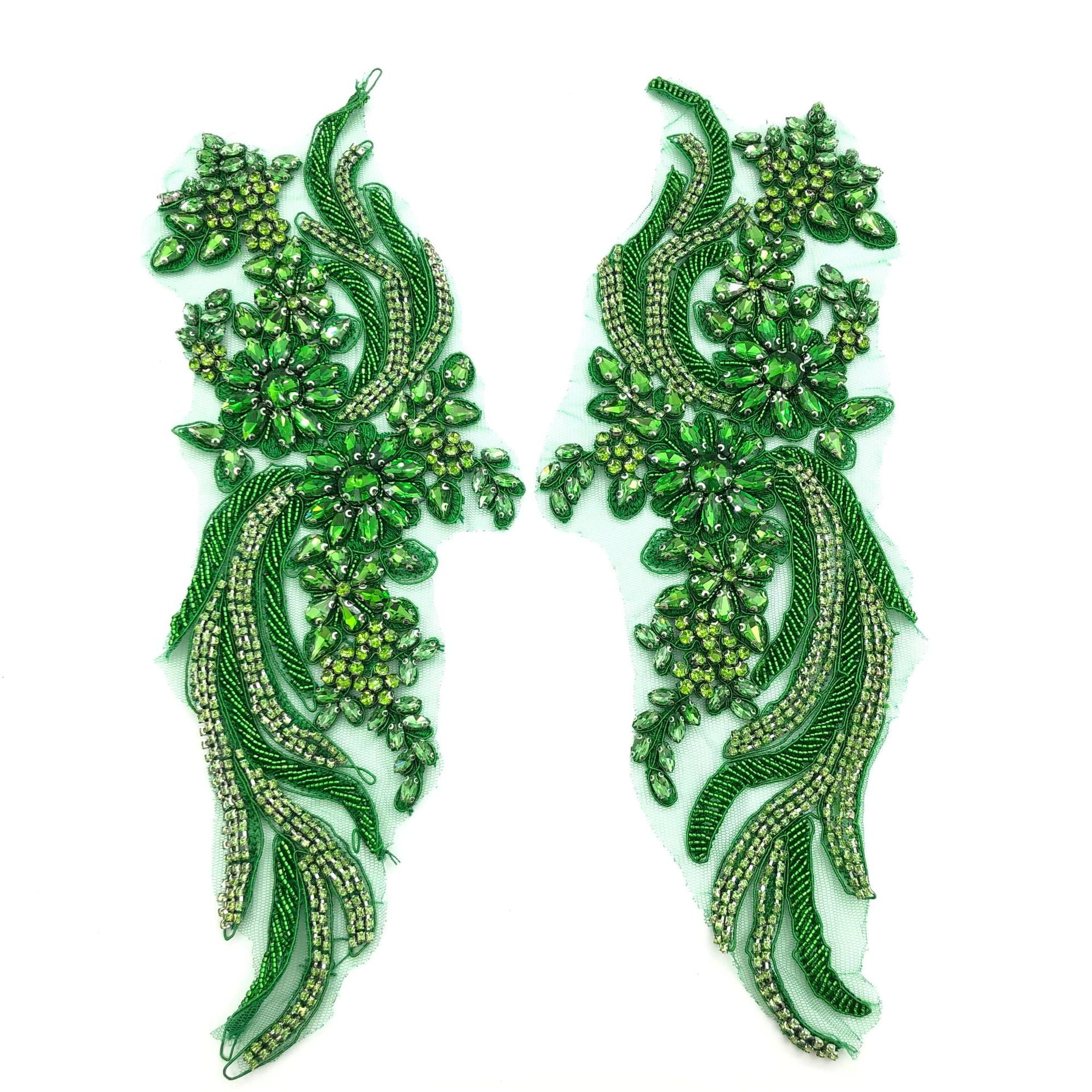 NAMZI Handmade Rhinestone Lace Appliques, Beaded Trim Patches (1 Pair/Bag, 35x12cm) for Dress Clothing Accessories, Green