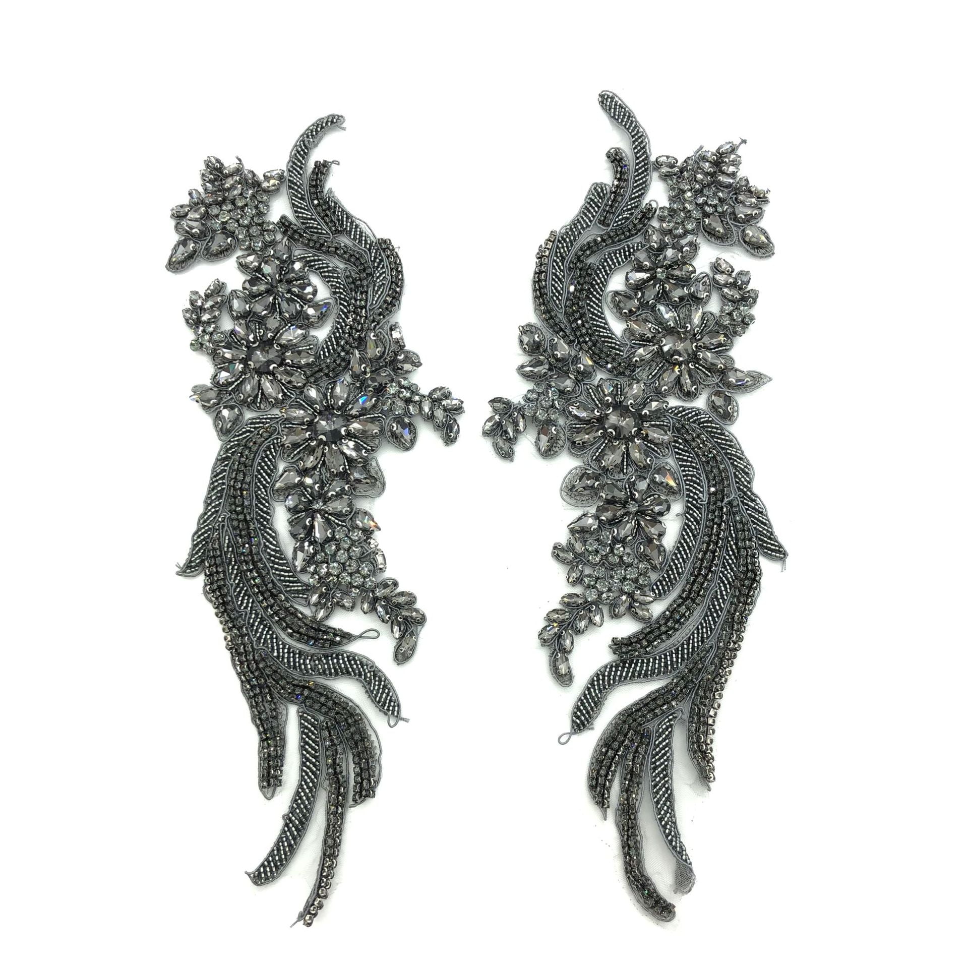 NAMZI Handmade Rhinestone Lace Appliques, Beaded Trim Patches (1 Pair/Bag, 35x12cm) for Dress Clothing Accessories, Grey
