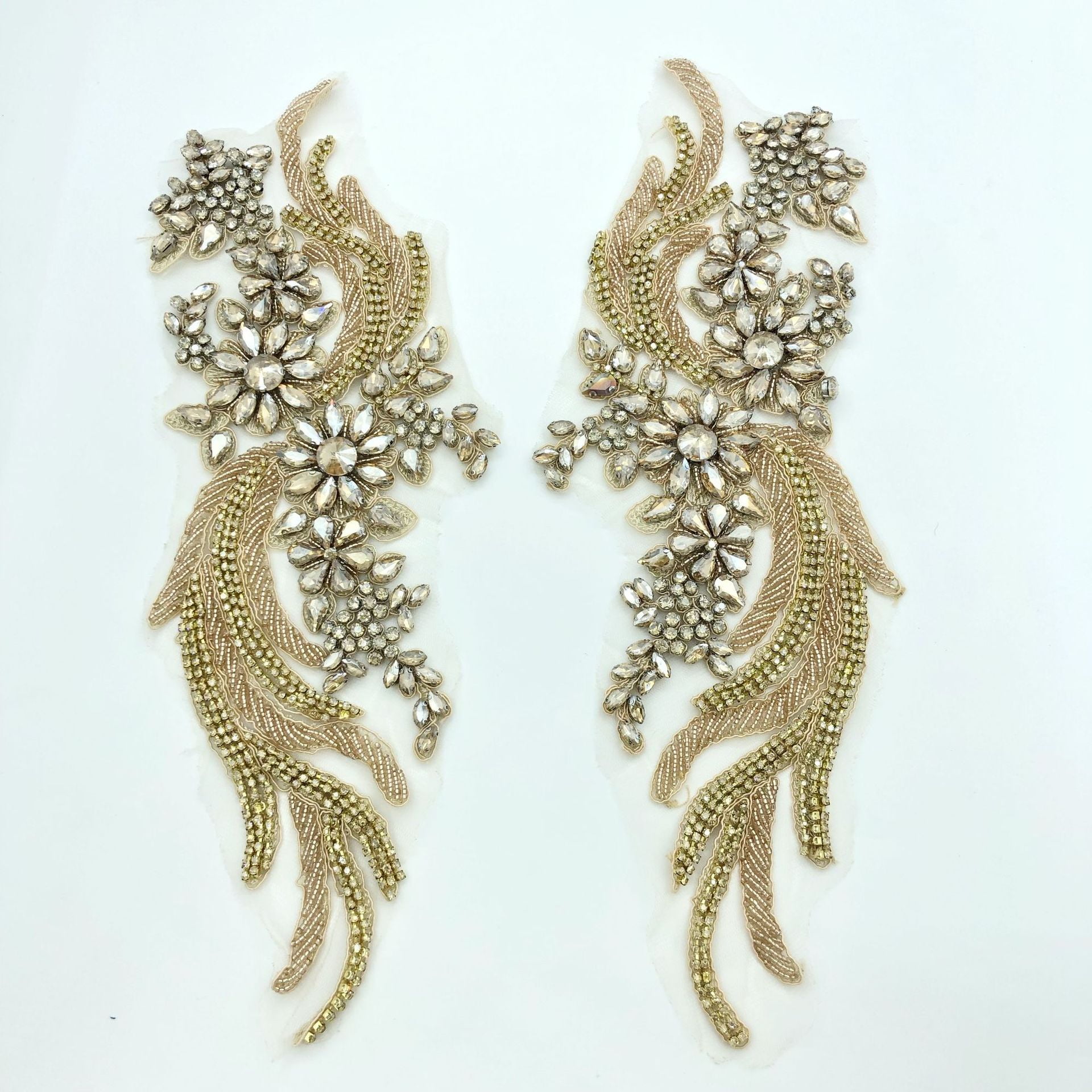 NAMZI Handmade Rhinestone Lace Appliques, Beaded Trim Patches (1 Pair/Bag, 35x12cm) for Dress Clothing Accessories, Light Golden