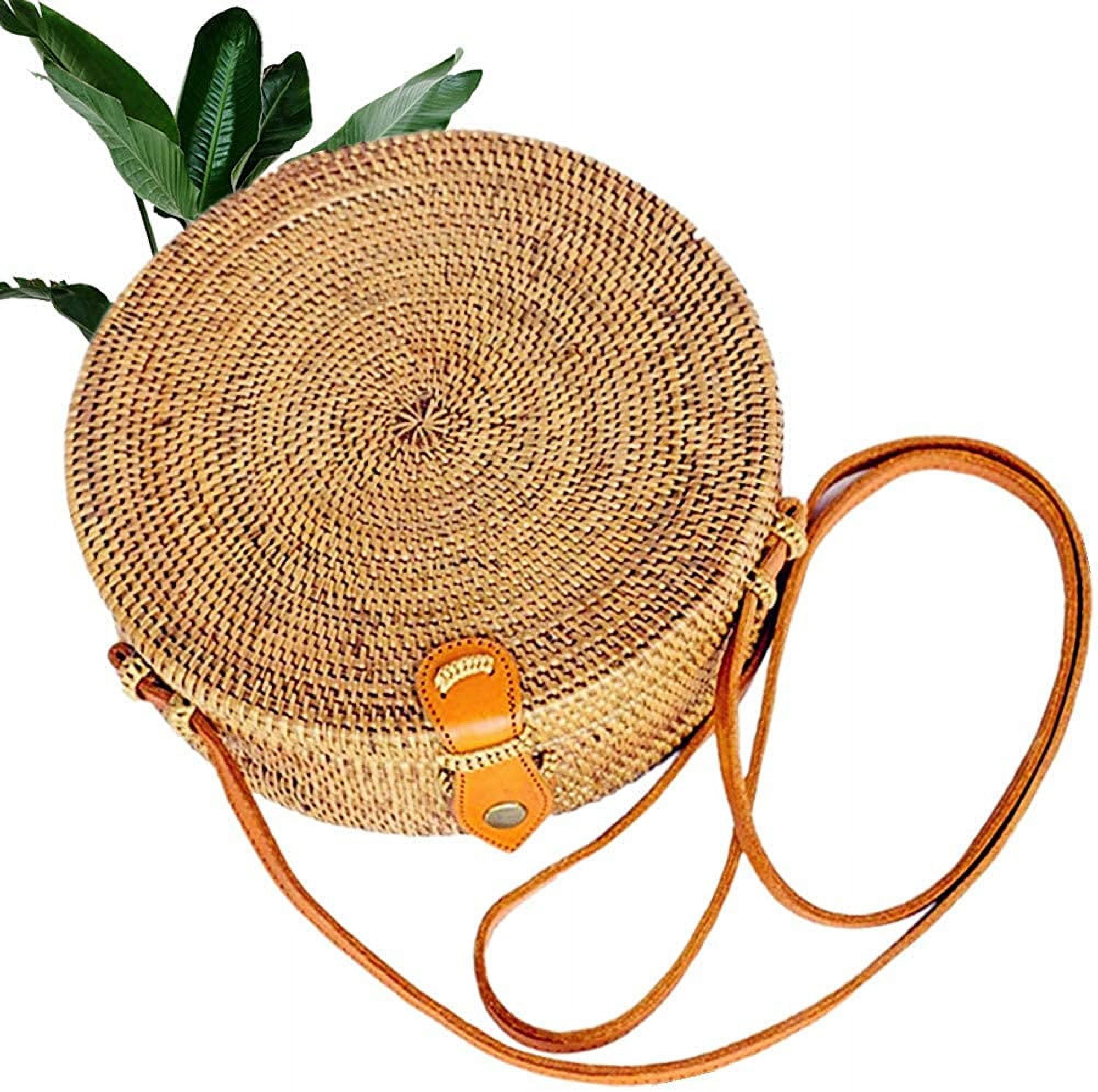 NAMZI Handwoven Round Rattan Straw Bag for Women Shoulder Leather Button Straps Natural Chic Handmade Boho Bag Bali Purse