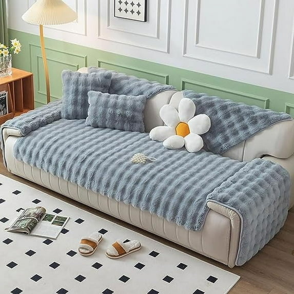 NAMZI Luxury Thick Faux Fur Plush Couch Cover Ultra Soft Anti-Slip Sofa Cover Fluffy Furry Sofa Slipcover Washable Furniture Protector for Kids Dogs Cats Pet (Light Grey,28"x28")