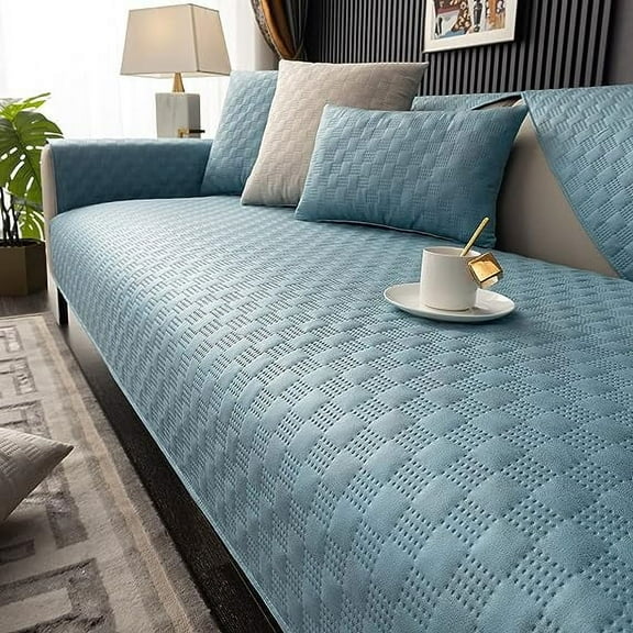 NAMZI Luxury Water Resistant Quilted Sofa Cover Faux Suede Plaid Sectional Couch Cover Anti-Slip Sofa Slipcover for Dogs, Children, Pets Furniture Protector (Light Blue,28"x28")
