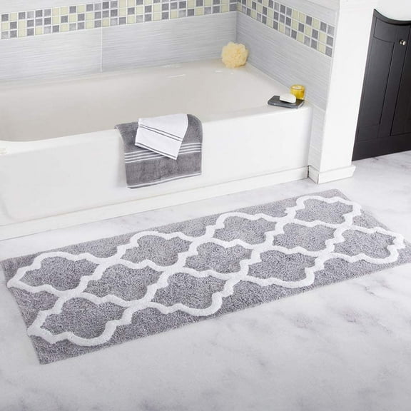 NAMZI Moroccan Trellis Pattern Mat Non Slip Absorbent Thick Soft Microfiber Bath Rug Doormat Carpet for Bathroom Kitchen (18" x 47",Grey)