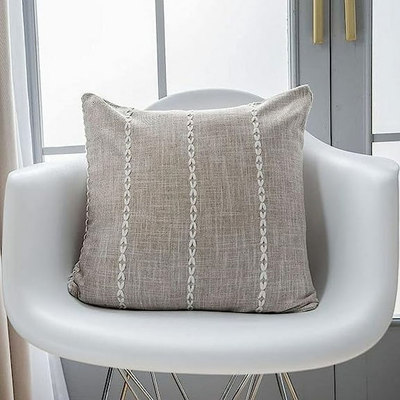 NAMZI Rustic Lattice Cotton Linen Decorative Throw Pillow Cover Embroidery Square Cushion Cover Pillowcase for Sofa Bedroom Couch (Stripe Coffee, 24"x24")
