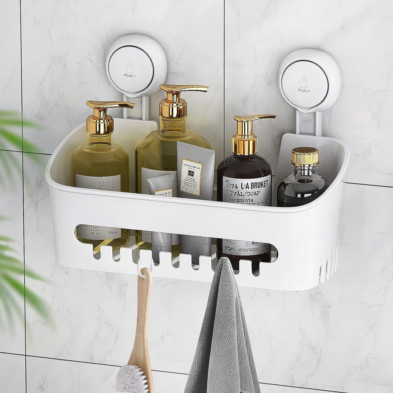 White Rectangular Suction Cup Shower Caddy with Hooks