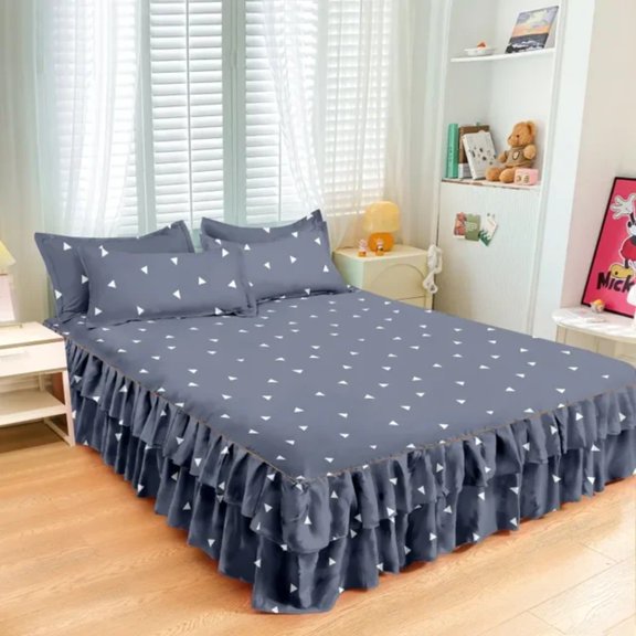 FZANJUN Soft Comfortable Cotton Double Lace Trim Trilateral Heightening Bed Skirt Pillowcase Anti-slip Mattress Cover Three-piece Set