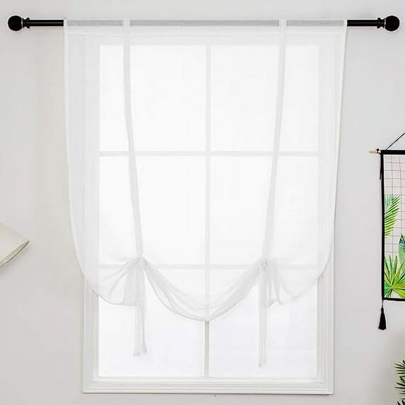 Namzi Solid Color Sheer Voile Window Curtains Light Filtering Tie Up Shade Adjustable Balloon Drapes Treatment for Small Window,1 Panel (39" x 47",White)