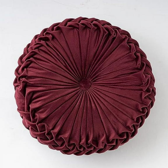 NAMZI Solid Velvet Seat Cushions Round Floor Pillows Thicken Chair Cushions Pleated Chair Pads Seat Pad Throw Pillows for Bedroom Living Room (Wine Red,Diameter 14")
