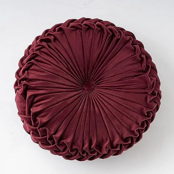 NAMZI Solid Velvet Seat Cushions Round Floor Pillows Thicken Chair Cushions Pleated Chair Pads Seat Pad Throw Pillows for Bedroom Living Room (Wine Red,Diameter 14")